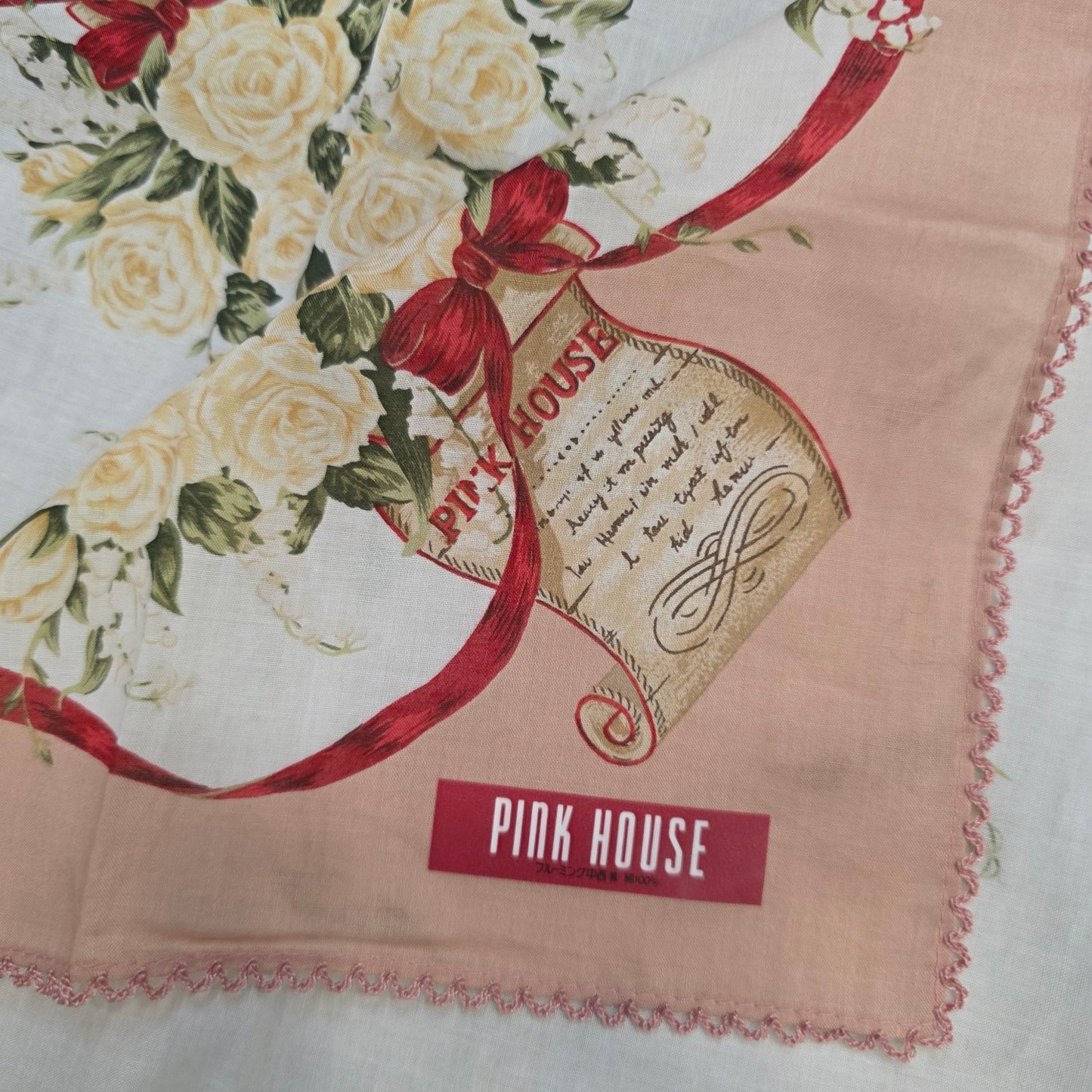 Pink House Floral Ribbon Cotton Handkerchief Pink Multicolor (Pre-Owned)