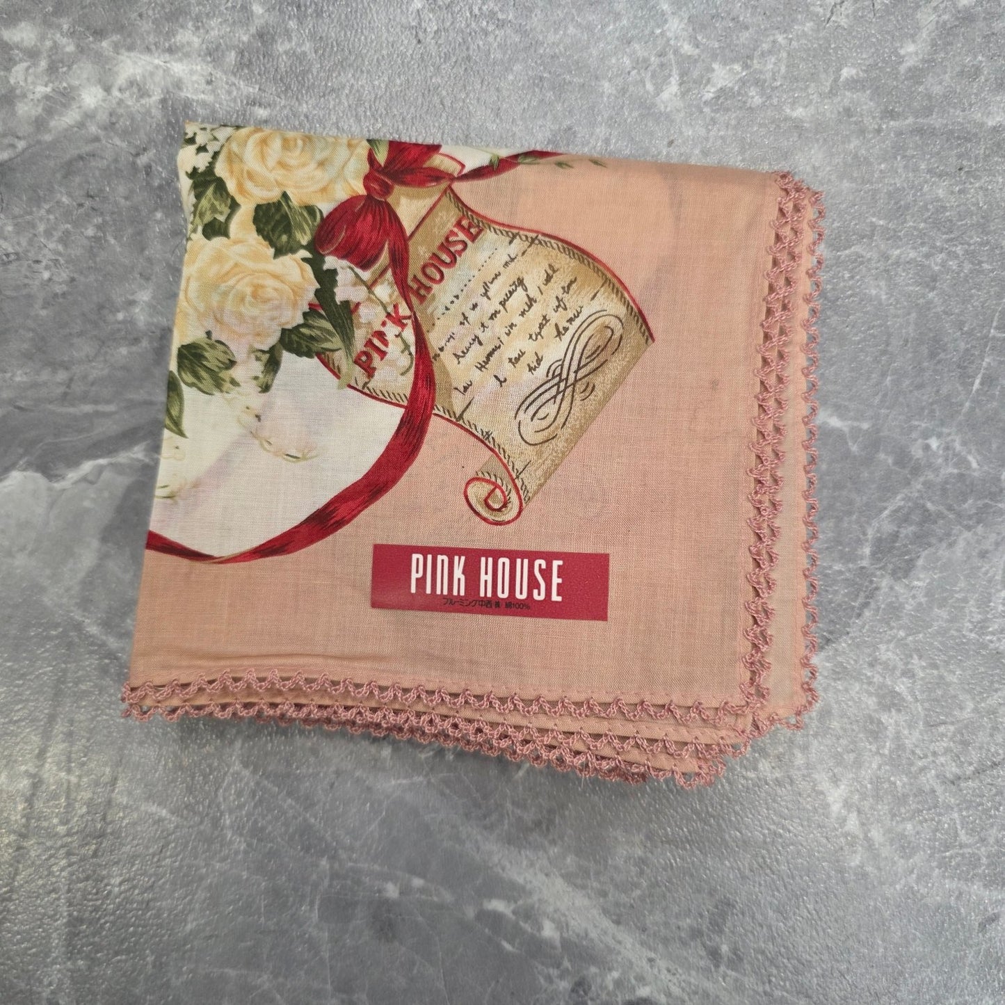 Pink House Floral Ribbon Cotton Handkerchief Pink Multicolor (Pre-Owned)