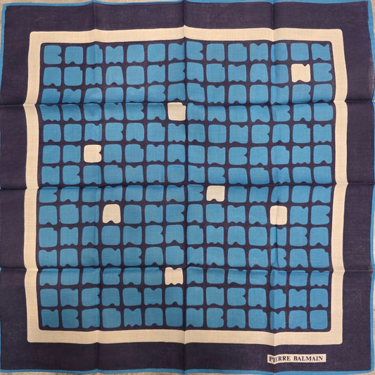 Pierre Balmain Geometric Grid Cotton Scarf Blue Navy (Pre-Owned)
