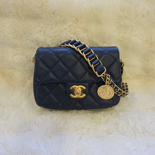 Chanel Mini Flap Bag Quilted Caviar Leather Chain Shoulder Navy (Pre-Owned)