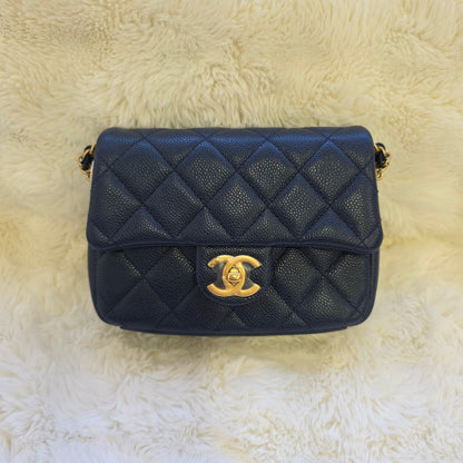 Chanel Mini Flap Bag Quilted Caviar Leather Chain Shoulder Navy (Pre-Owned)