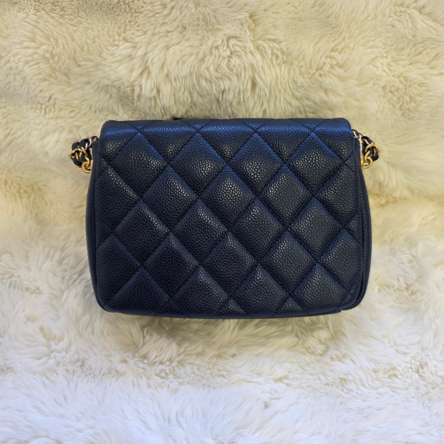 Chanel Mini Flap Bag Quilted Caviar Leather Chain Shoulder Navy (Pre-Owned)