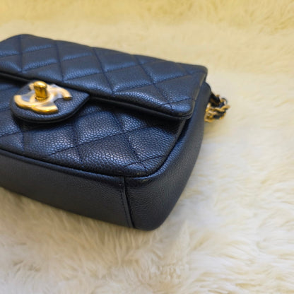 Chanel Mini Flap Bag Quilted Caviar Leather Chain Shoulder Navy (Pre-Owned)