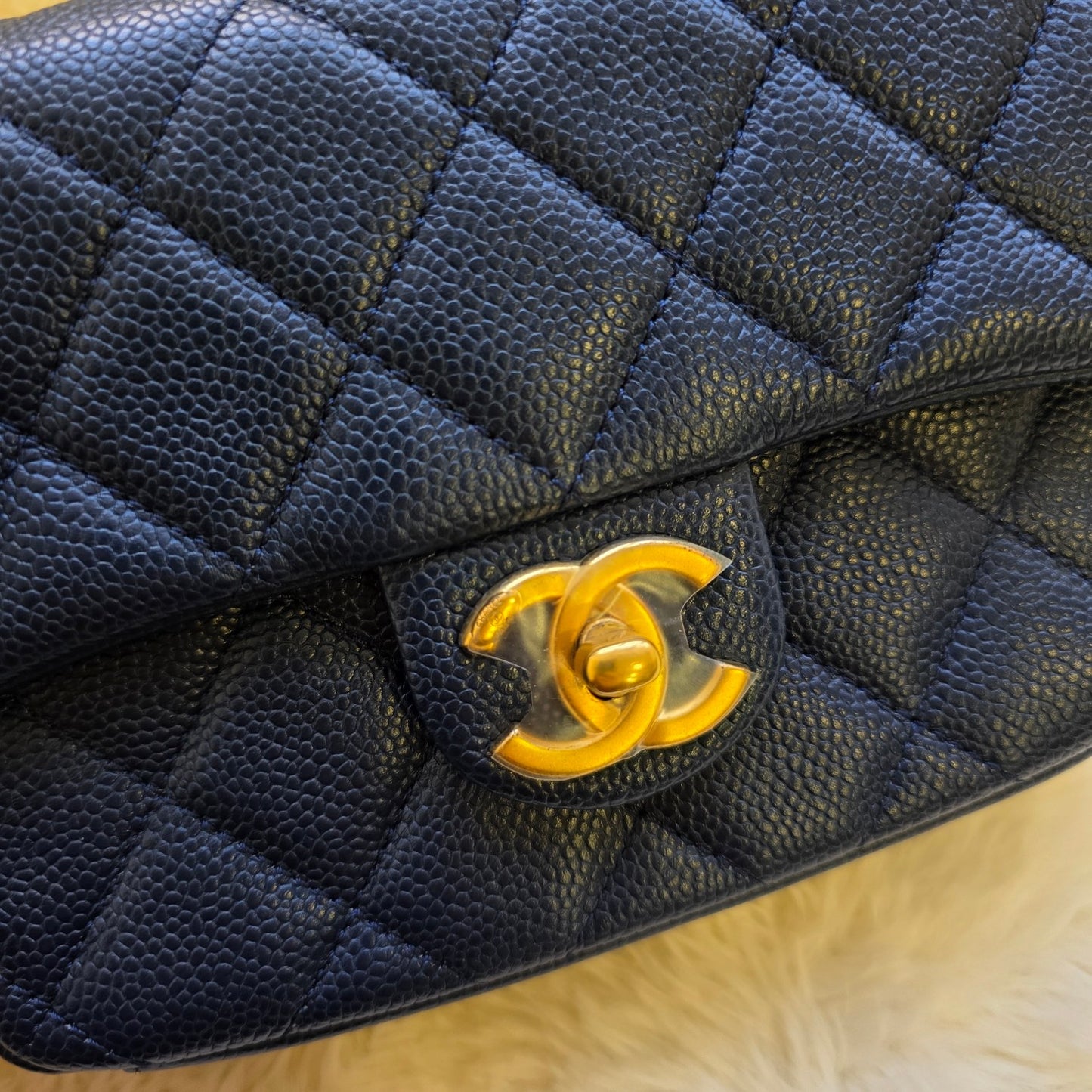 Chanel Mini Flap Bag Quilted Caviar Leather Chain Shoulder Navy (Pre-Owned)
