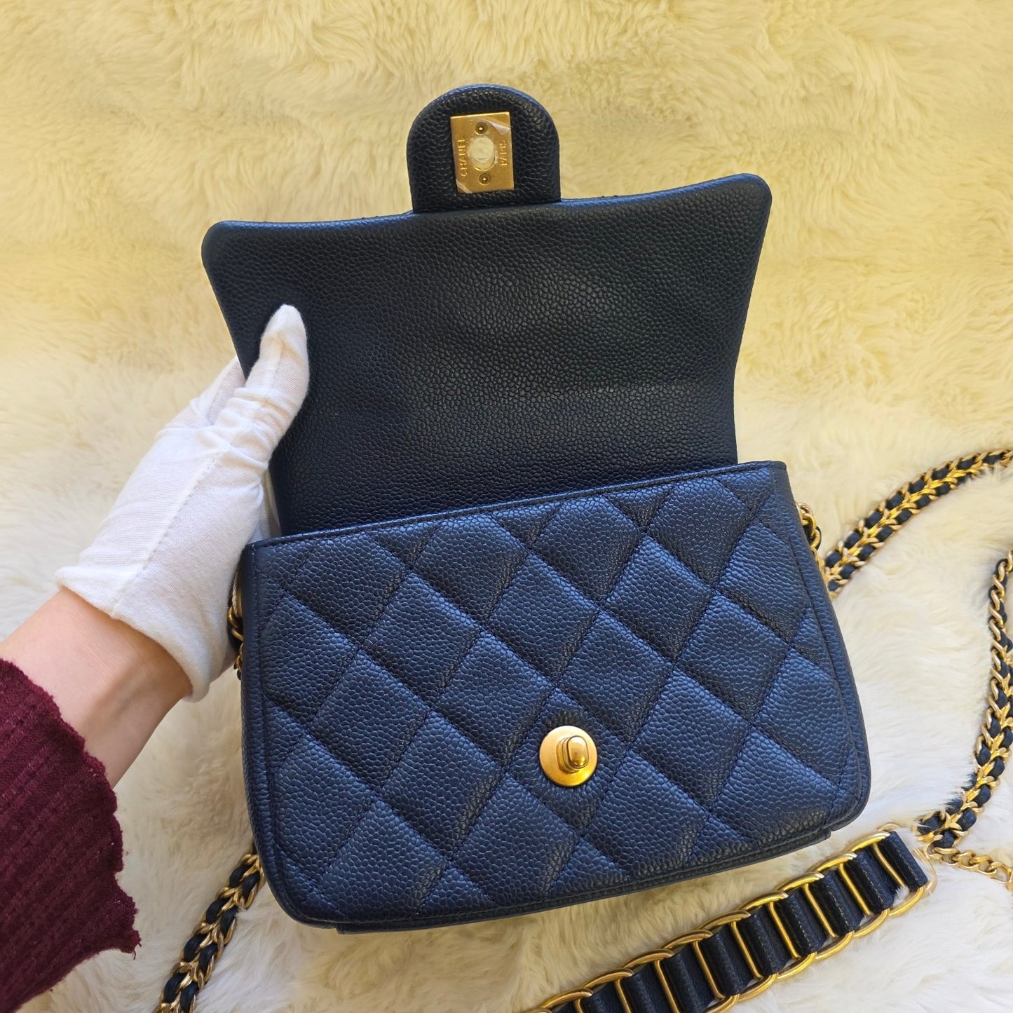 Chanel Mini Flap Bag Quilted Caviar Leather Chain Shoulder Navy (Pre-Owned)