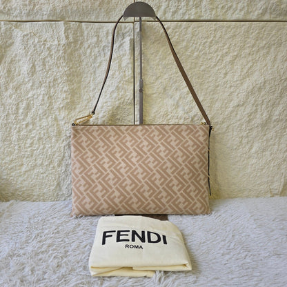 Fendi FF Monogram Canvas Flat Crossbody Shoulder Bag Beige (Pre-Owned)