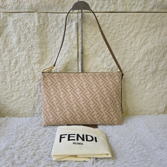 Fendi FF Monogram Canvas Flat Crossbody Shoulder Bag Beige (Pre-Owned)