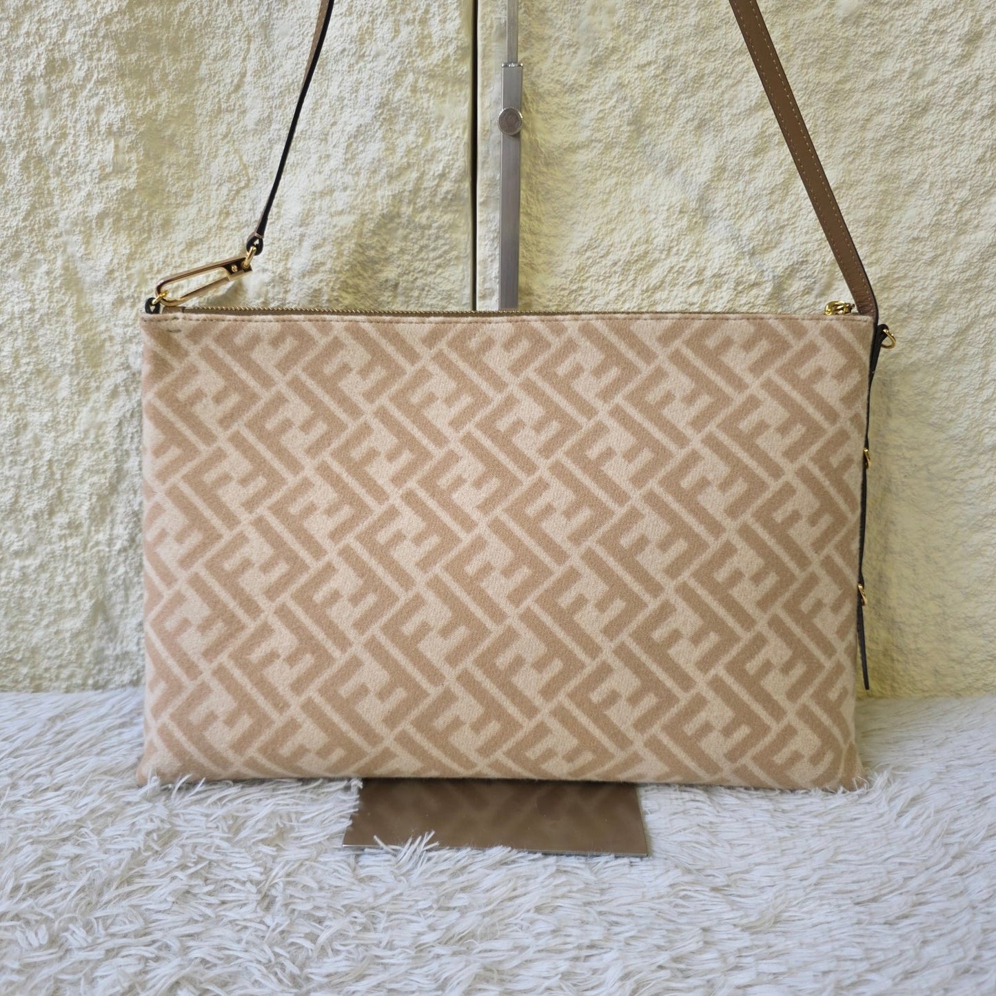 Fendi FF Monogram Canvas Flat Crossbody Shoulder Bag Beige (Pre-Owned)