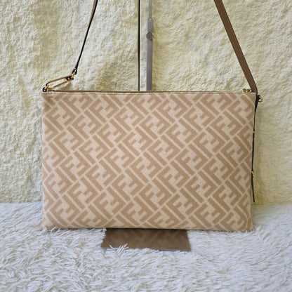 Fendi FF Monogram Canvas Flat Crossbody Shoulder Bag Beige (Pre-Owned)