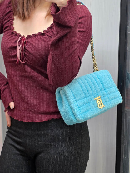 Burberry Lola Small Quilted Bouclé Shoulder Bag Light Blue (Pre-Owned)