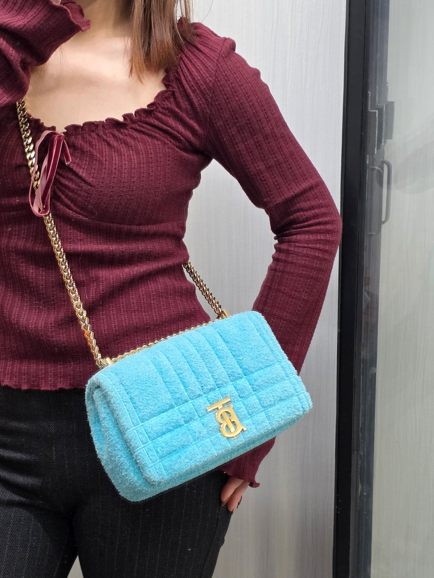 Burberry Lola Small Quilted Bouclé Shoulder Bag Light Blue (Pre-Owned)