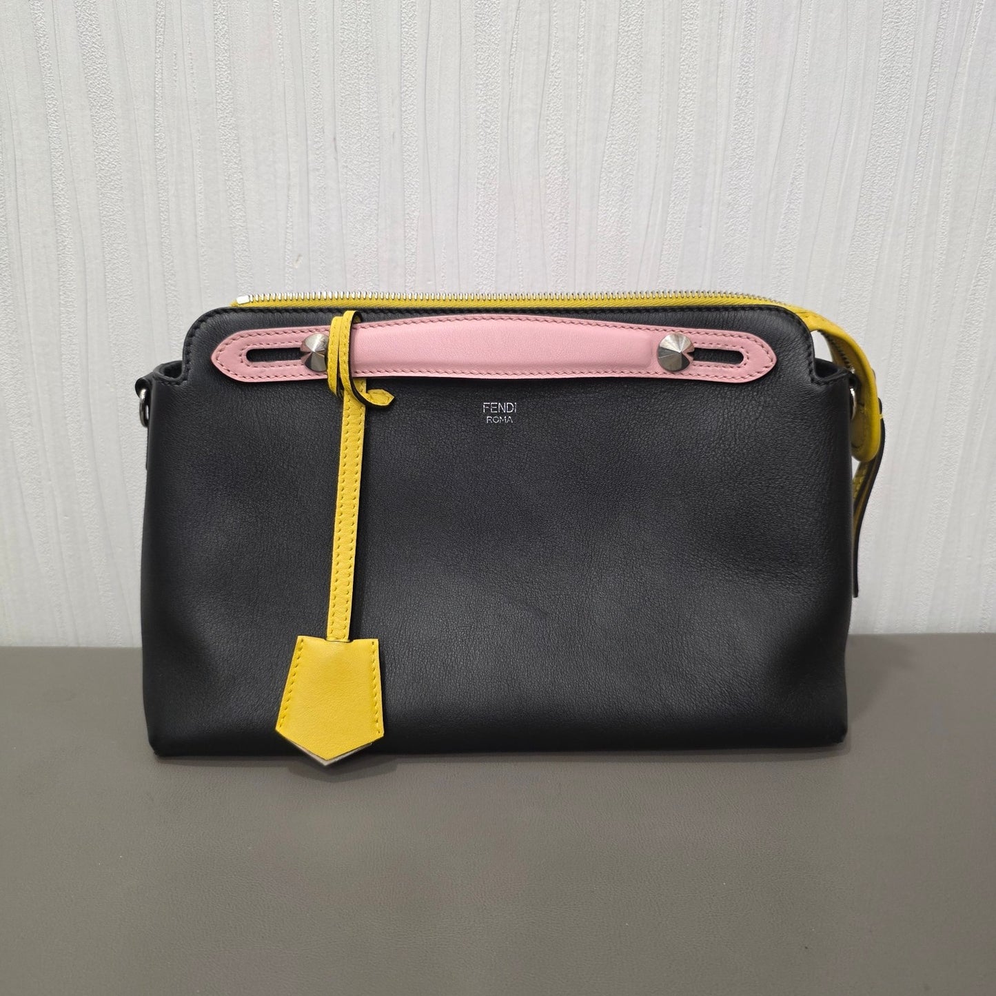 Fendi By The Way Leather Boston Bag Multicolor Black Pink Yellow (Pre-Owned)