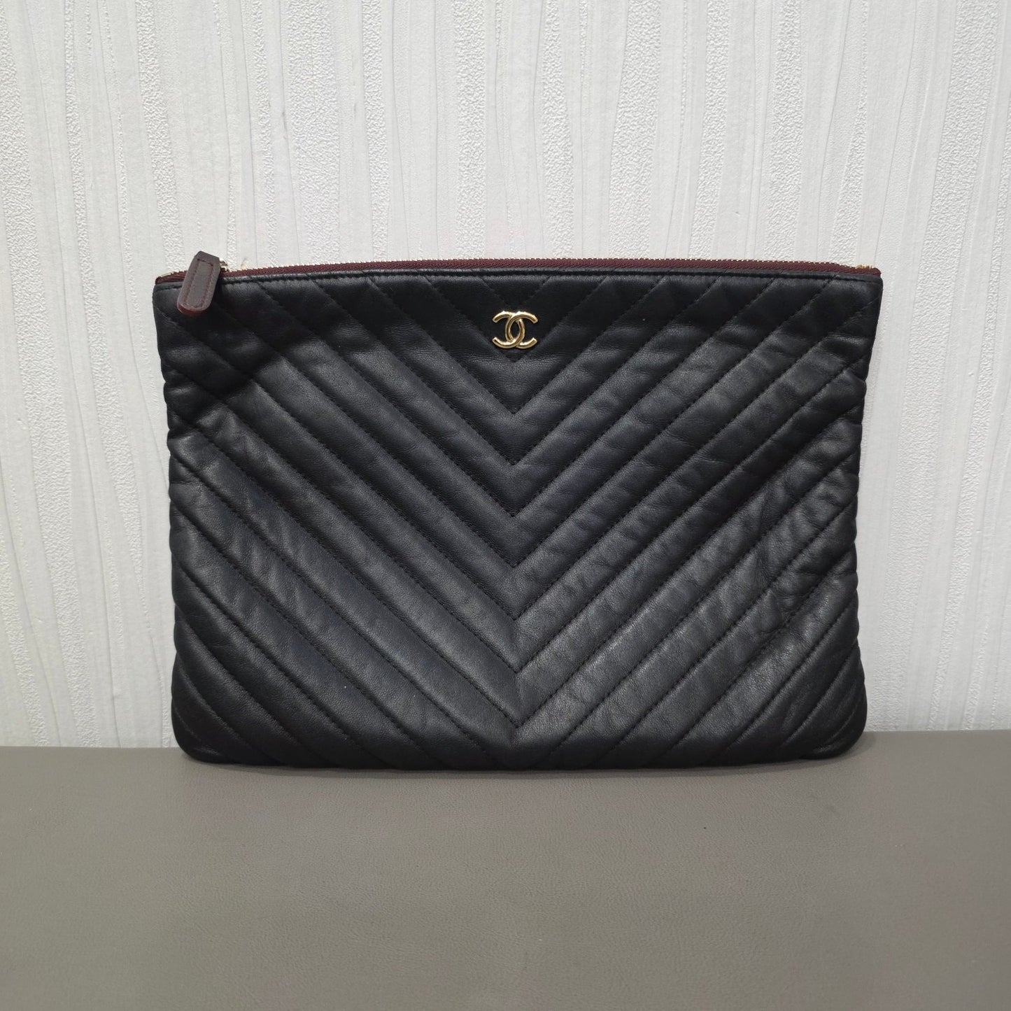 Chanel Chevron Quilted Leather Pouch Clutch Black (Pre-Owned)