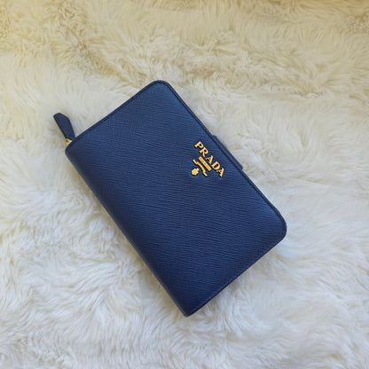 Prada Saffiano Leather Zip Around Wallet Navy (Pre-Owned)