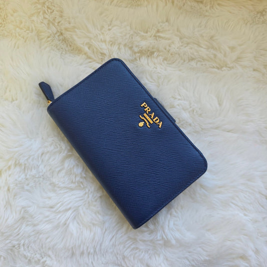 Prada Saffiano Leather Zip Around Wallet Navy (Pre-Owned)