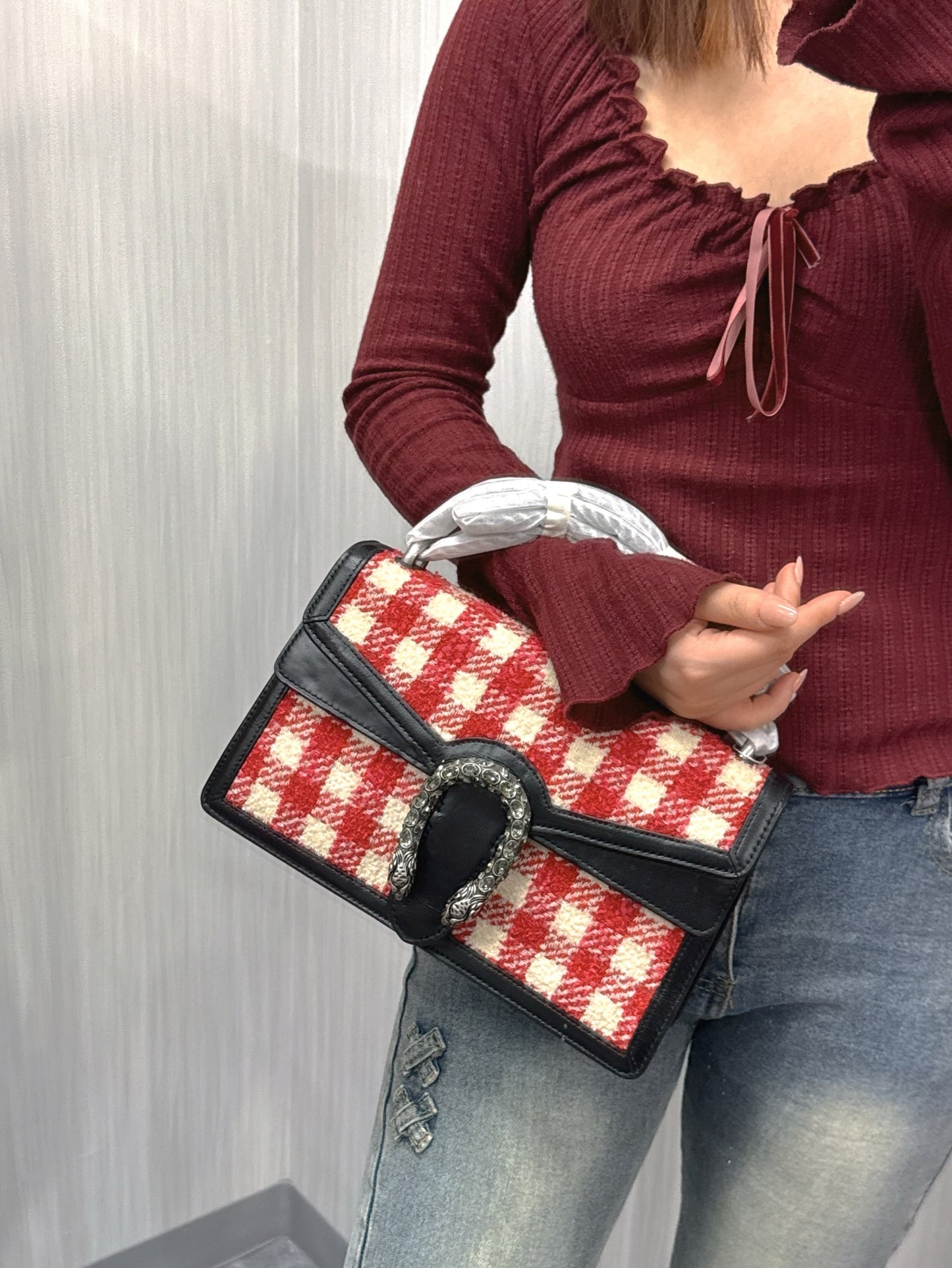 Gucci Dionysus Check Tweed Leather Shoulder Bag (Pre-Owned)
