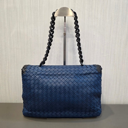 Bottega Veneta Intrecciato Chain Shoulder Bag Blue Leather (Pre-Owned)