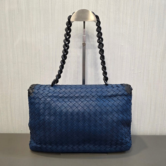 Bottega Veneta Intrecciato Chain Shoulder Bag Blue Leather (Pre-Owned)