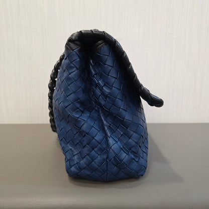 Bottega Veneta Intrecciato Chain Shoulder Bag Blue Leather (Pre-Owned)