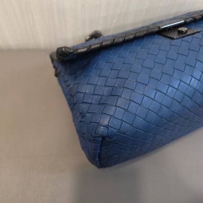 Bottega Veneta Intrecciato Chain Shoulder Bag Blue Leather (Pre-Owned)