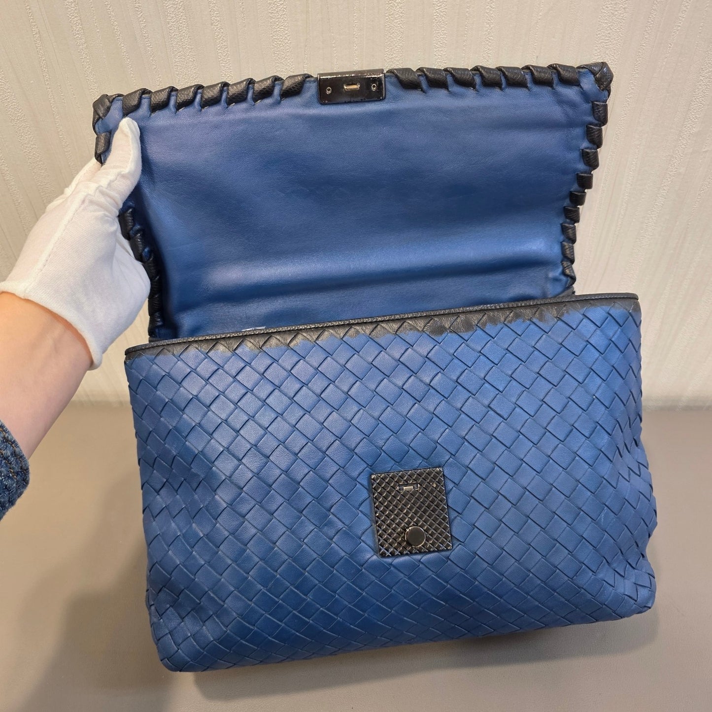 Bottega Veneta Intrecciato Chain Shoulder Bag Blue Leather (Pre-Owned)
