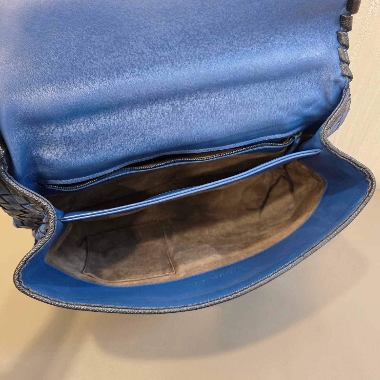 Bottega Veneta Intrecciato Chain Shoulder Bag Blue Leather (Pre-Owned)