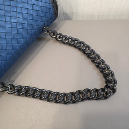 Bottega Veneta Intrecciato Chain Shoulder Bag Blue Leather (Pre-Owned)
