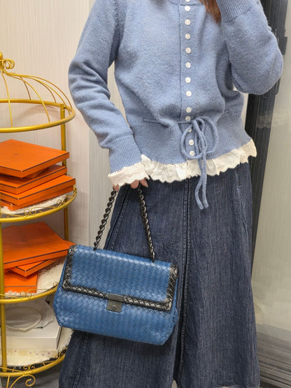 Bottega Veneta Intrecciato Chain Shoulder Bag Blue Leather (Pre-Owned)