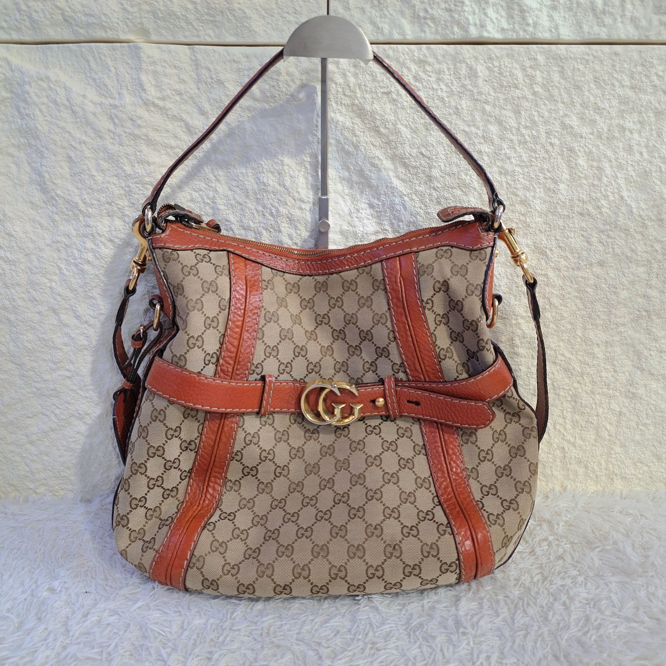 Gucci GG Canvas Belt Detail Shoulder Bag Beige & Brown (Pre-Owned)
