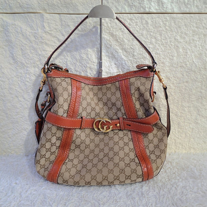 Gucci GG Canvas Belt Detail Shoulder Bag Beige & Brown (Pre-Owned)