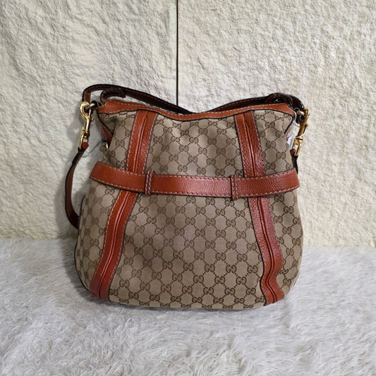 Gucci GG Canvas Belt Detail Shoulder Bag Beige & Brown (Pre-Owned)