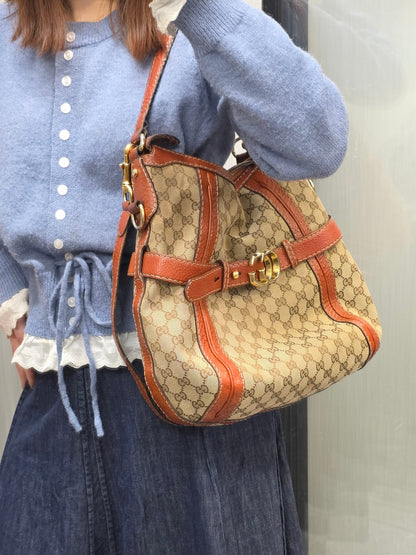 Gucci GG Canvas Belt Detail Shoulder Bag Beige & Brown (Pre-Owned)