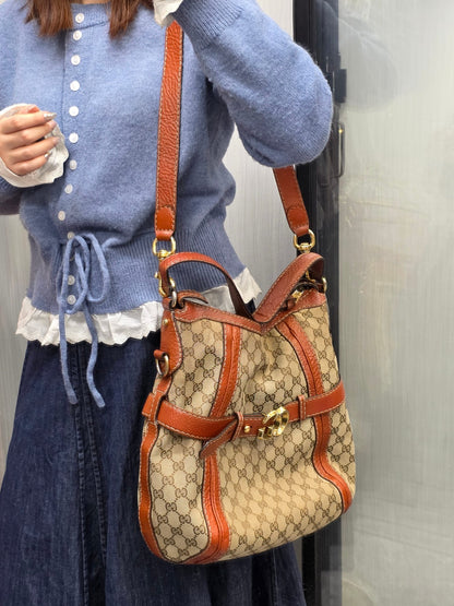Gucci GG Canvas Belt Detail Shoulder Bag Beige & Brown (Pre-Owned)