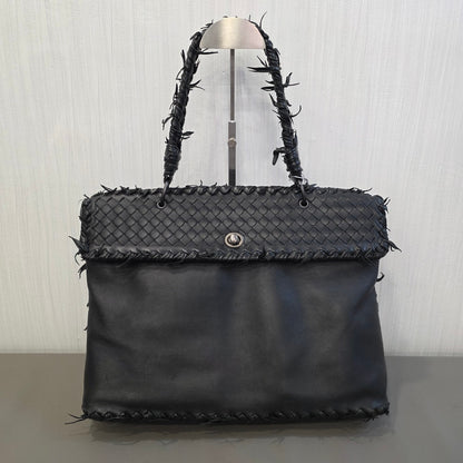 Bottega Veneta Intrecciato Leather Shoulder Bag Black (Pre-Owned)