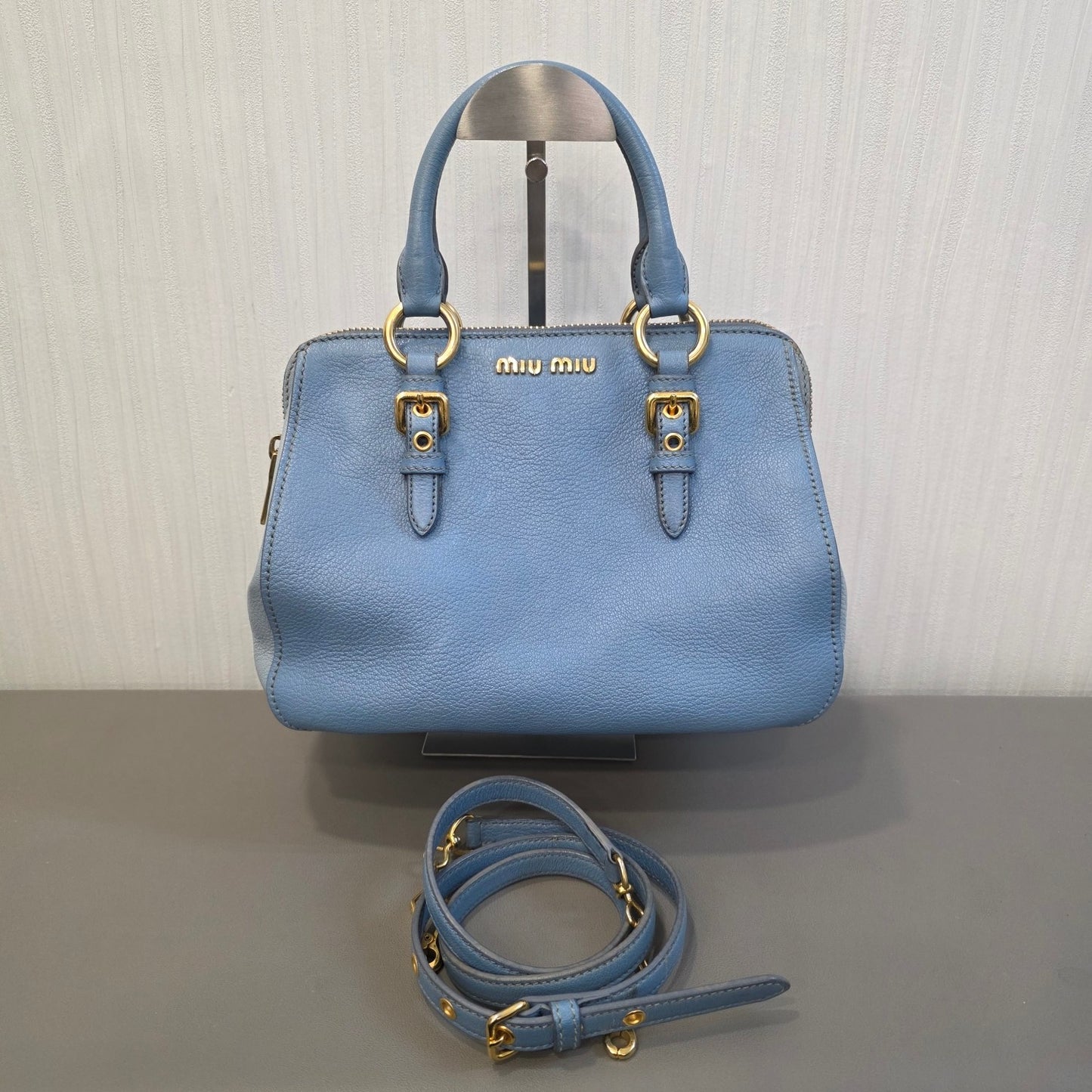 Miu Miu Madras Leather Top Handle Bag Light Blue (Pre-Owned)
