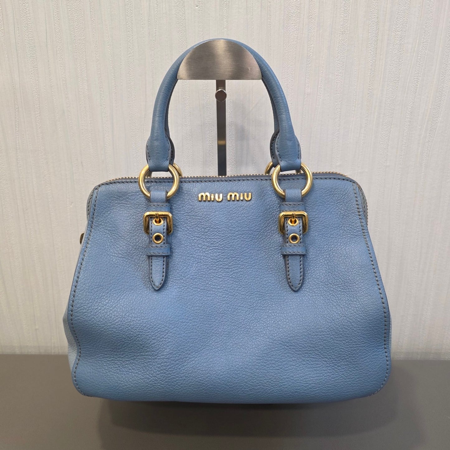 Miu Miu Madras Leather Top Handle Bag Light Blue (Pre-Owned)