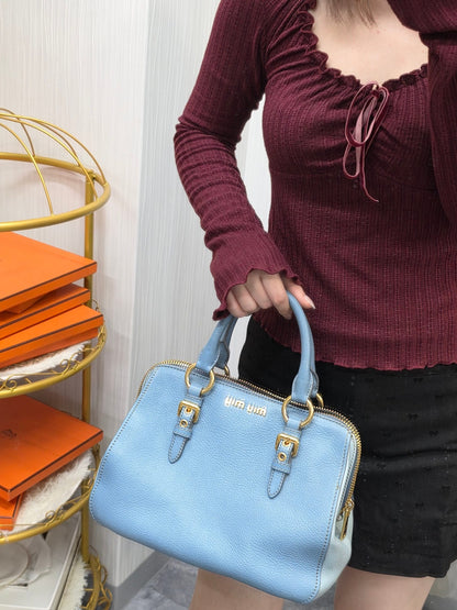 Miu Miu Madras Leather Top Handle Bag Light Blue (Pre-Owned)