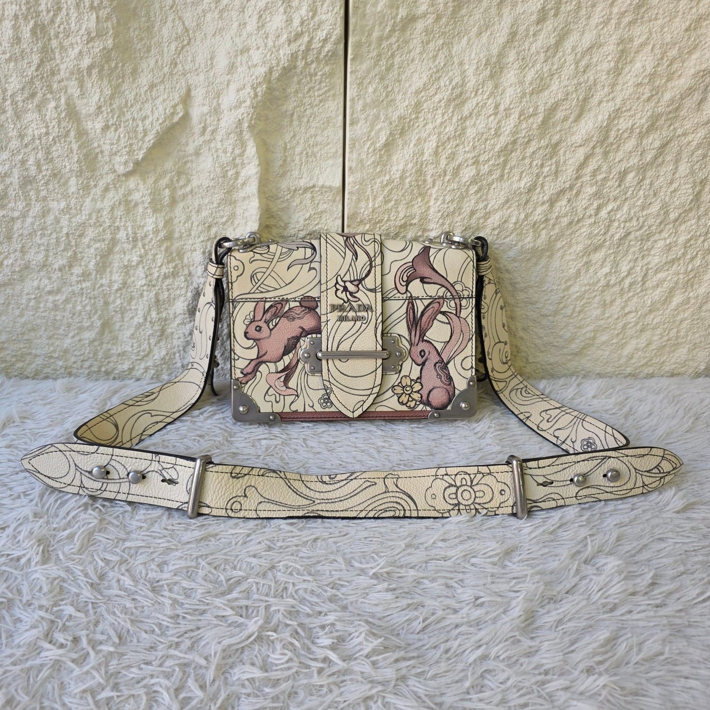 Prada Cahier Rabbit Print Leather Shoulder Bag (Pre-Owned)