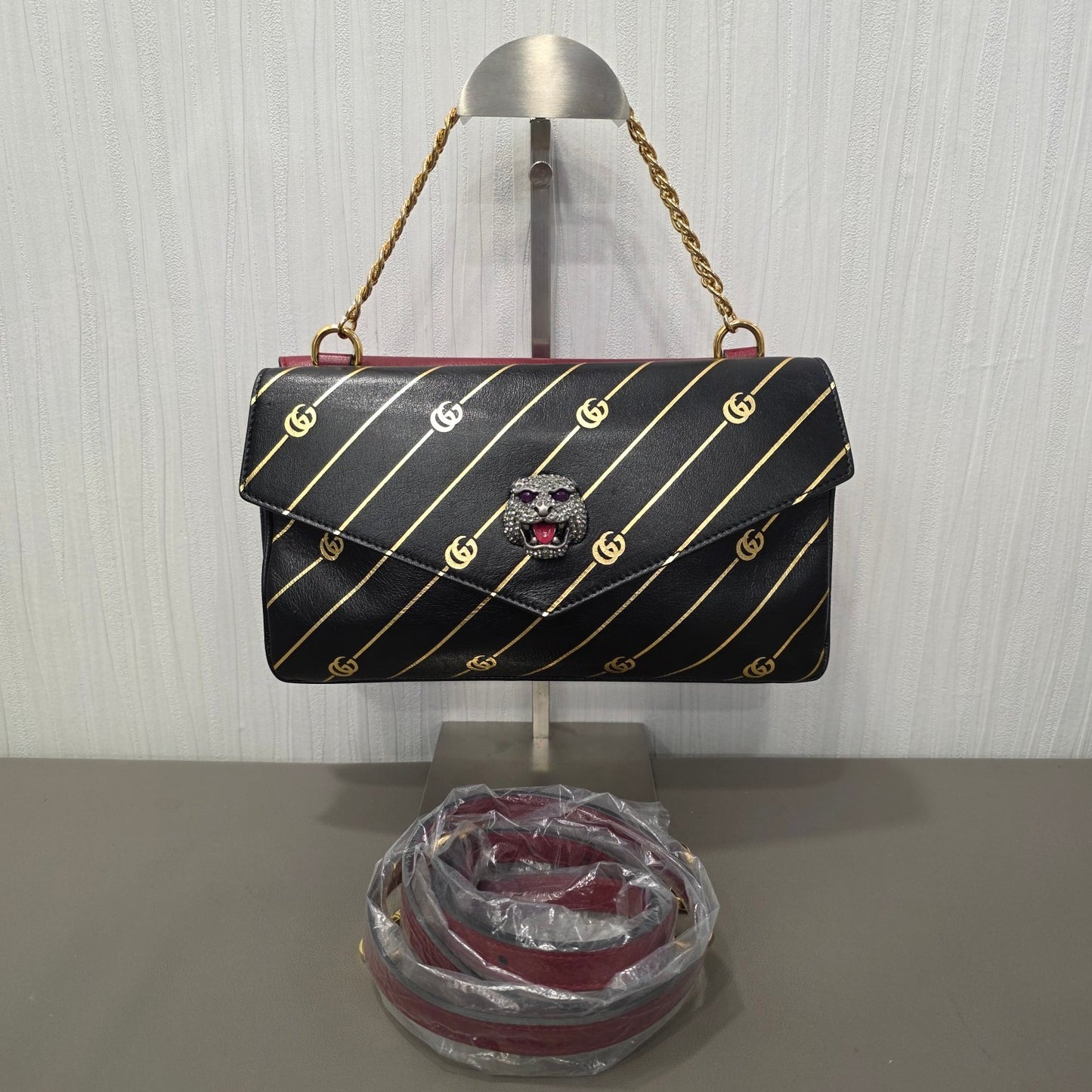 Gucci Rajah GG Stripe Leather Shoulder Bag (Pre-Owned)