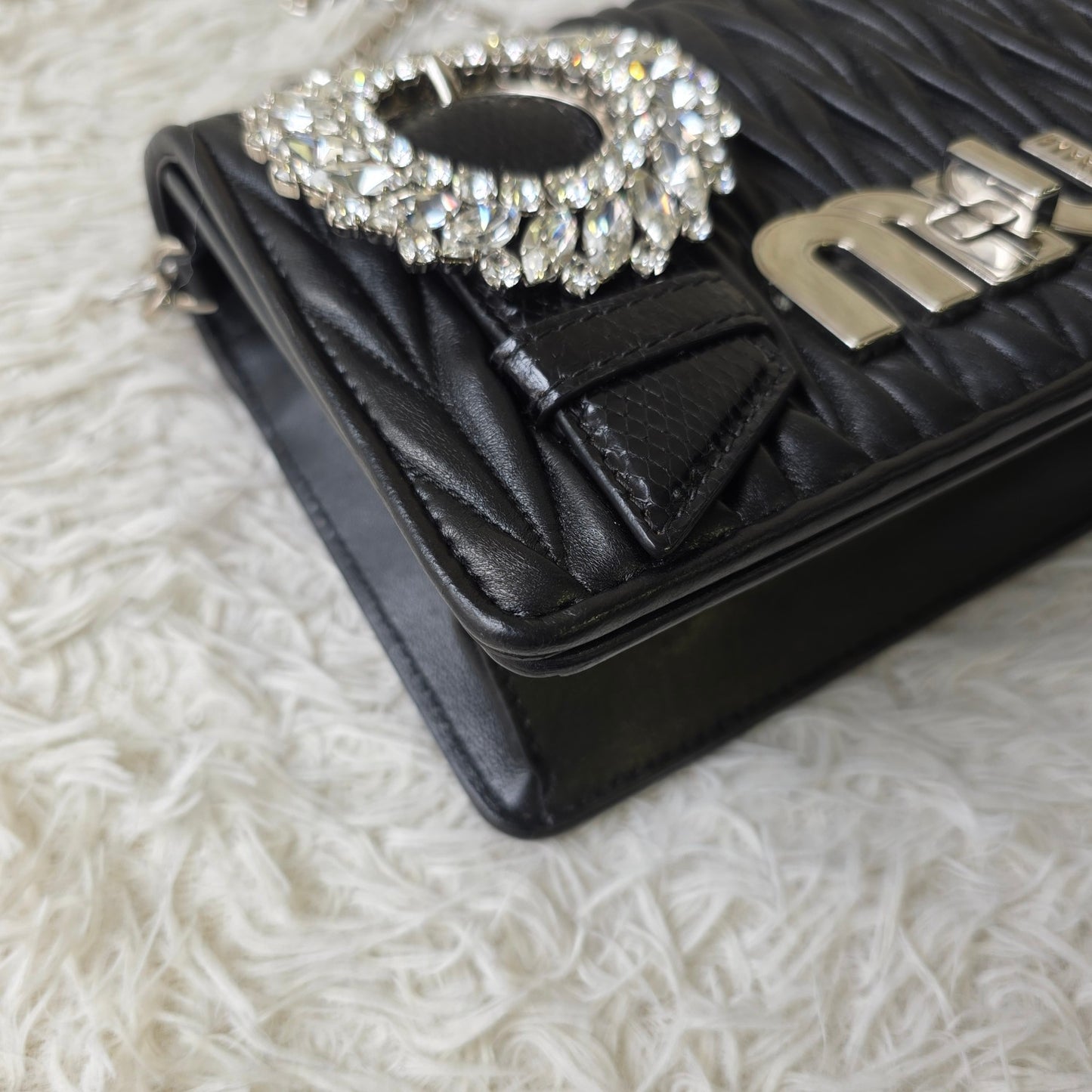 Miu Miu Matelassé Crystal Buckle Chain Shoulder Bag (Pre-Owned)