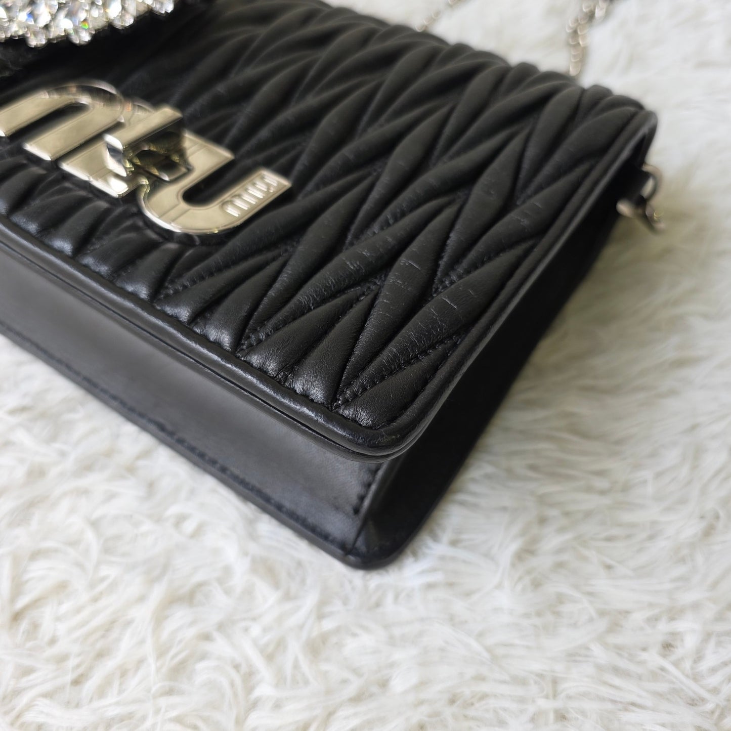 Miu Miu Matelassé Crystal Buckle Chain Shoulder Bag (Pre-Owned)