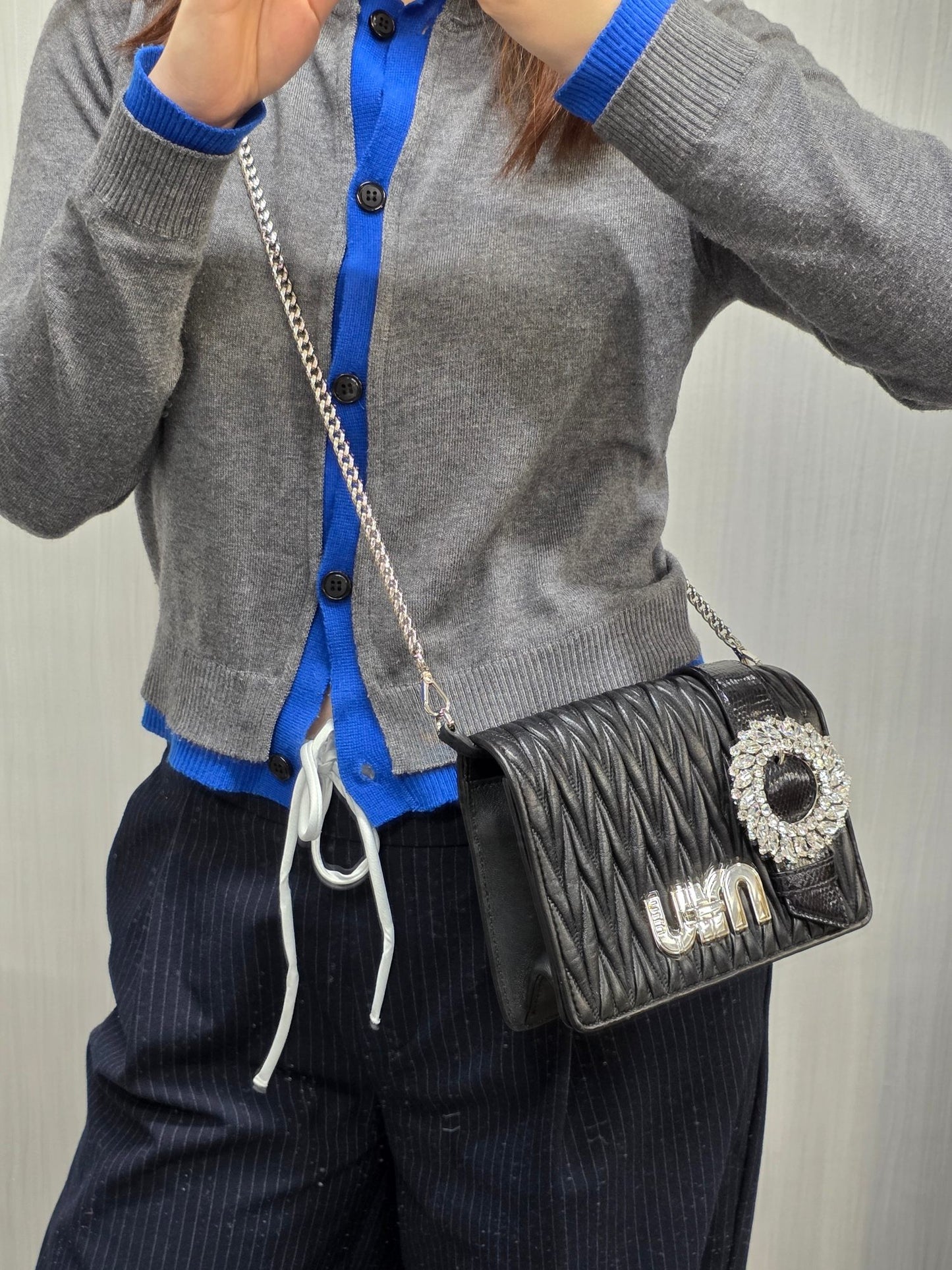 Miu Miu Matelassé Crystal Buckle Chain Shoulder Bag (Pre-Owned)
