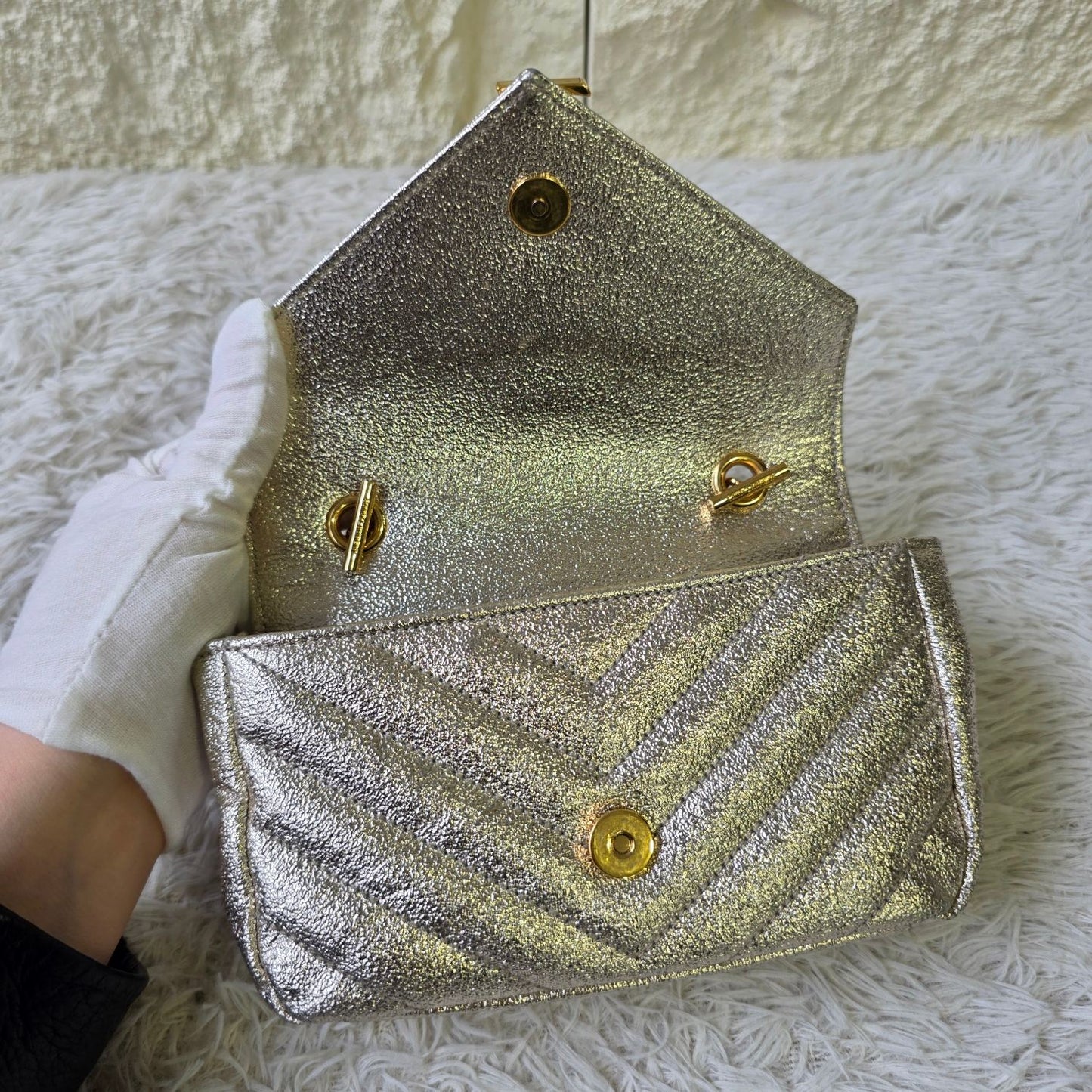 Saint Laurent Monogram Chevron Metallic Chain Shoulder Bag (Pre-Owned)
