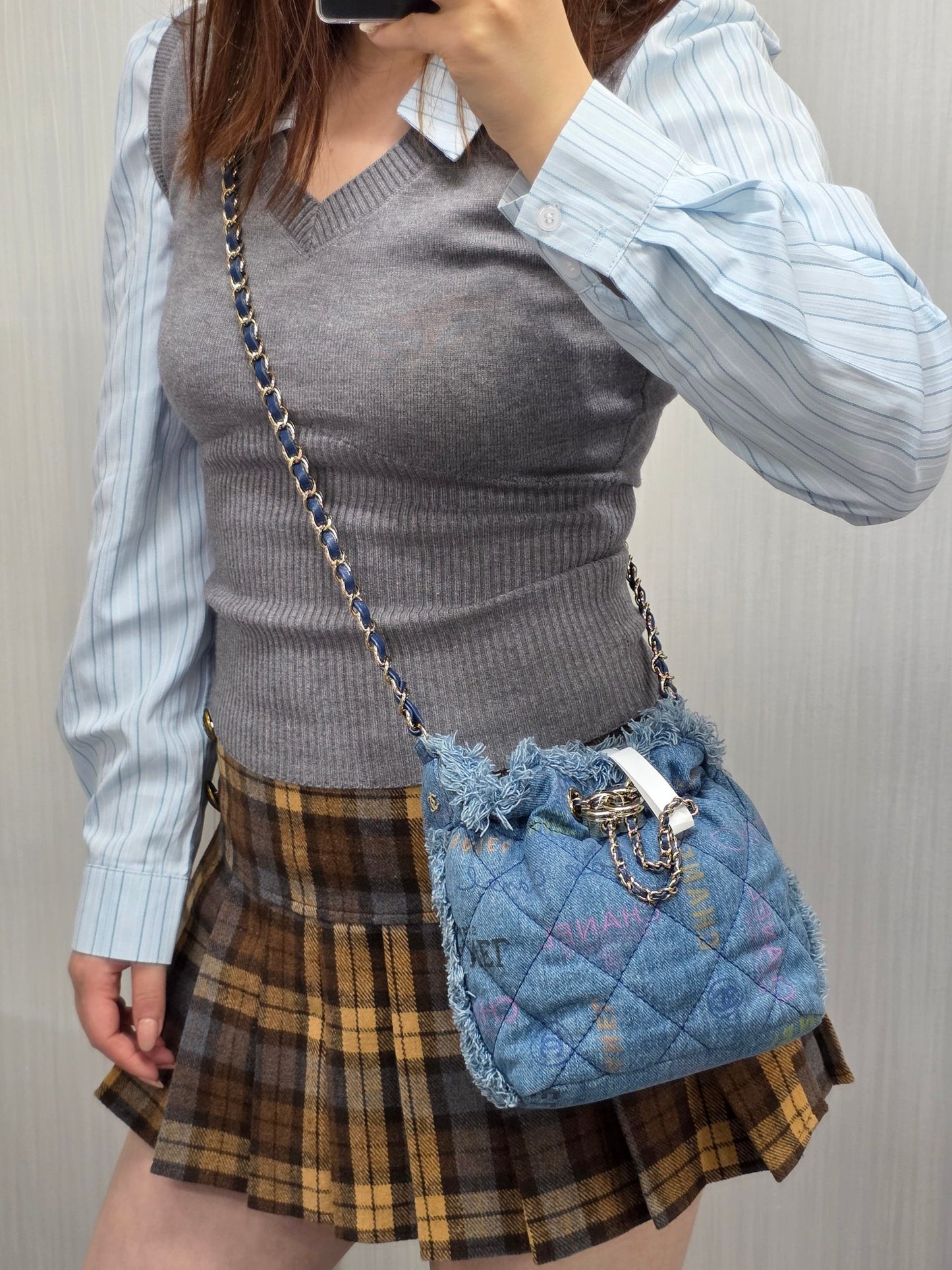 Chanel Quilted Denim Drawstring Chain Bag (Pre-Owned)