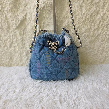 Chanel Quilted Denim Drawstring Chain Bag (Pre-Owned)