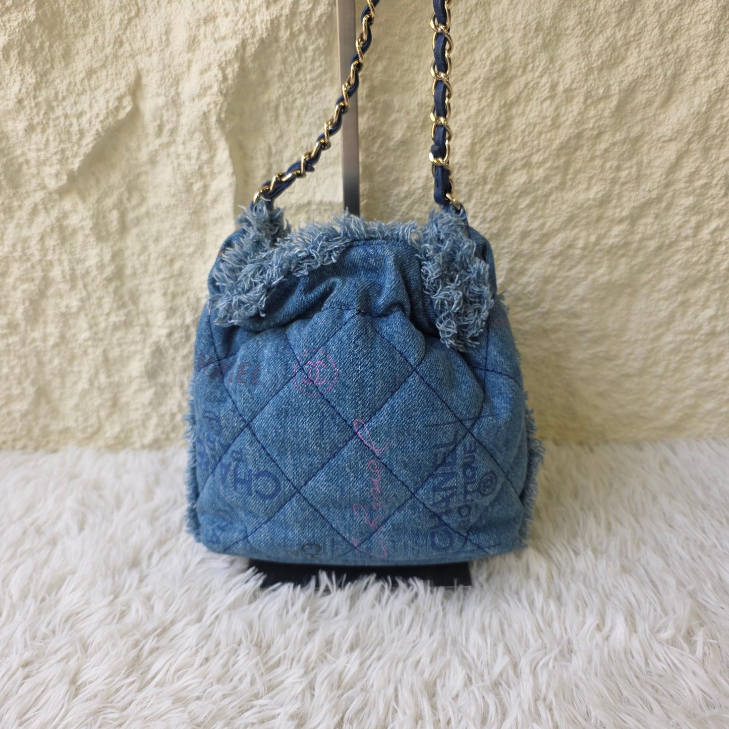 Chanel Quilted Denim Drawstring Chain Bag (Pre-Owned)