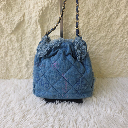 Chanel Quilted Denim Drawstring Chain Bag (Pre-Owned)