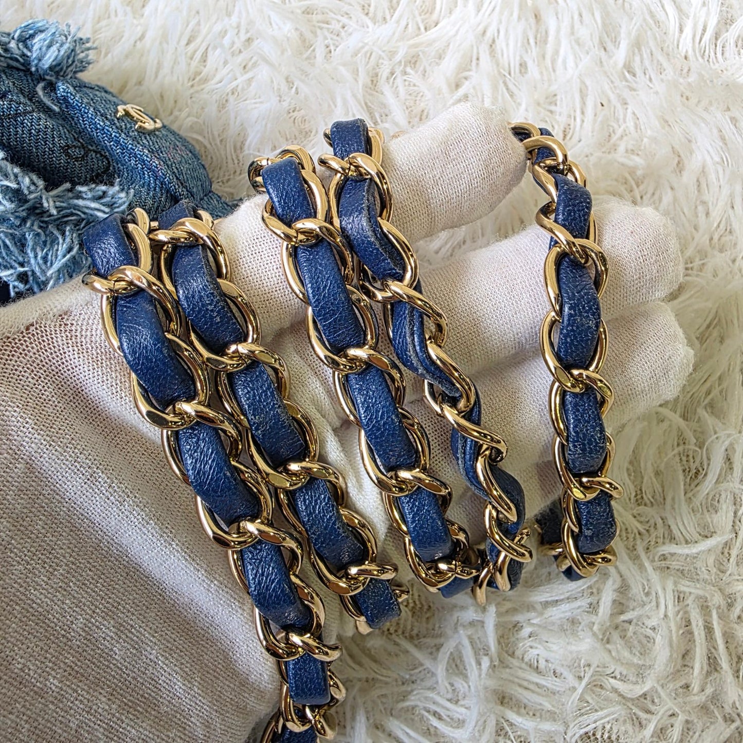Chanel Quilted Denim Drawstring Chain Bag (Pre-Owned)