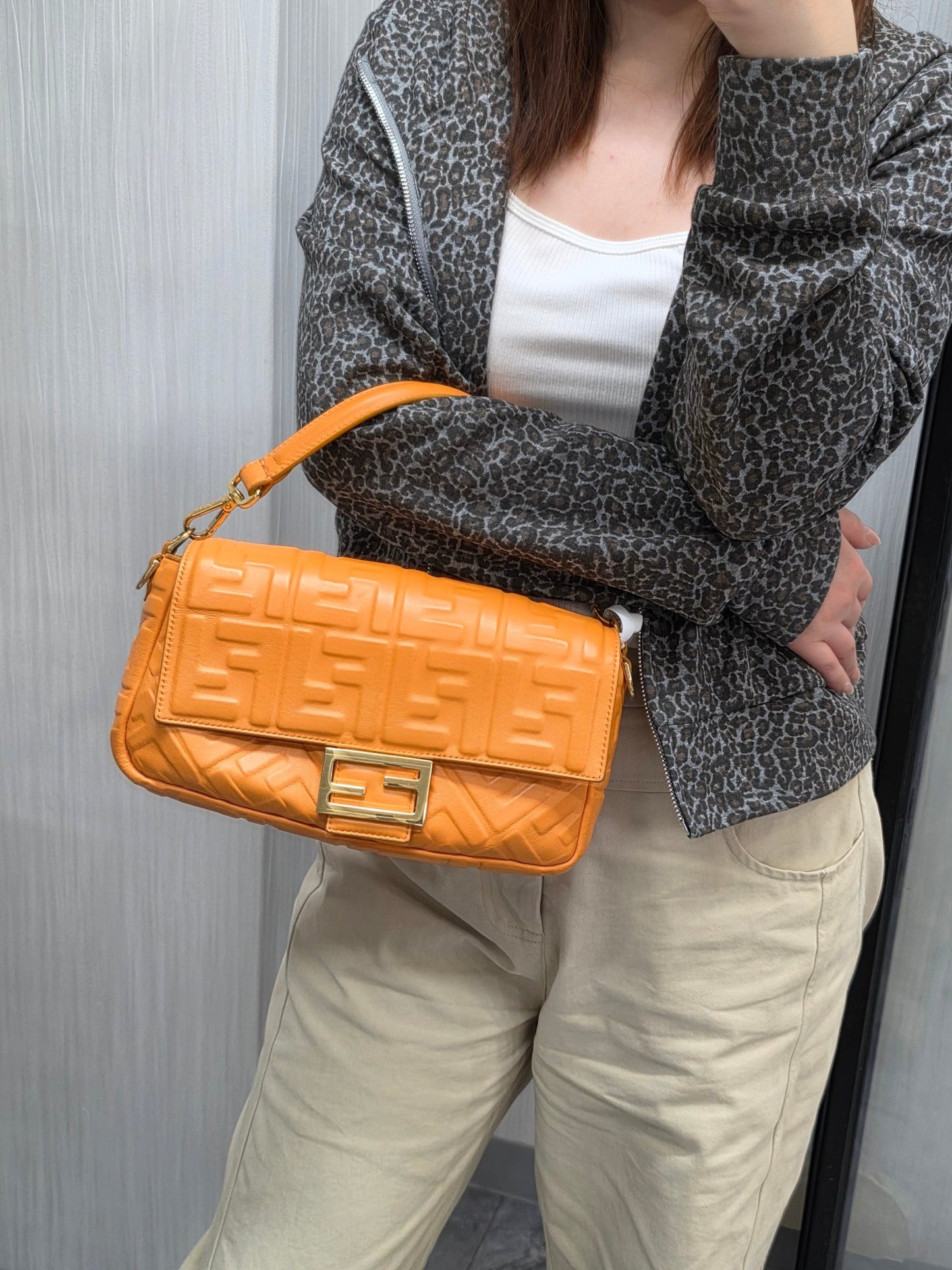 Fendi Baguette FF Embossed Leather Shoulder Bag (Pre-Owned)