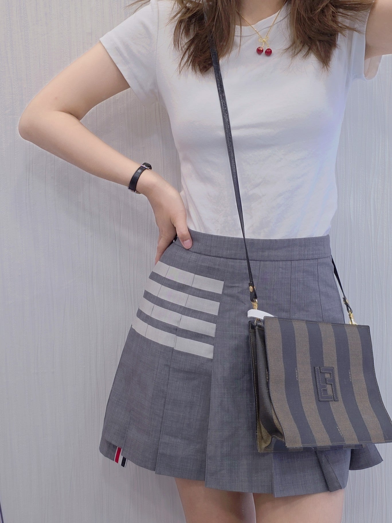 Fendi Pequin Stripe Canvas Shoulder Bag (Pre-Owned)